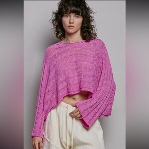 POL Pink Off-the-Shoulder Cropped Knit Sweater